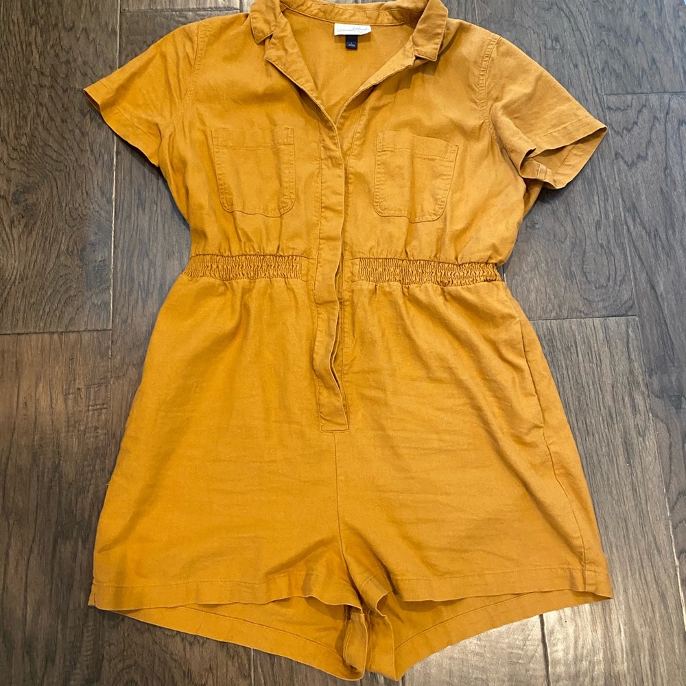 Marigold linen button front shorts jumpsuit